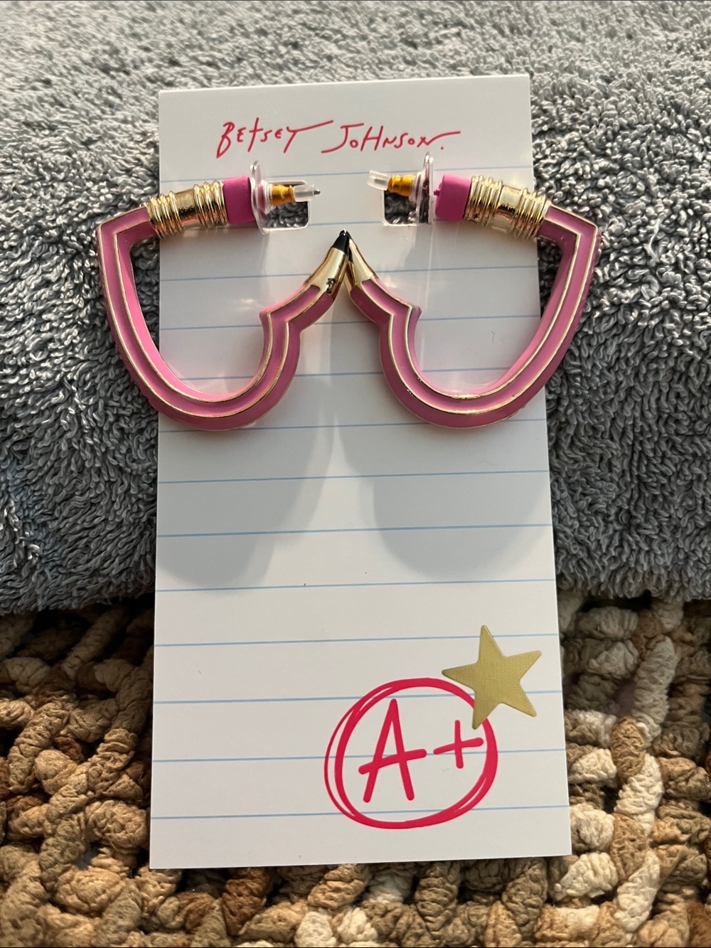 NWT Betsey Johnson Pink Pencil Gold-Trim Heart Hoop Earrings Eraser and Lead